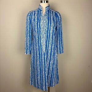 Matti of Lynne Vintage Dress Housecoat Blue & White Zip Front Size 6 Long Sleeve